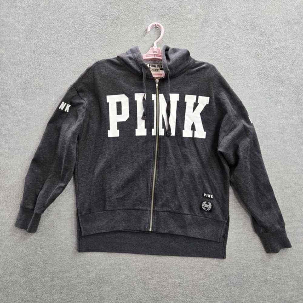 PINK Women Hoodie S Text Zipper Long Sleeve Logo Cotton Polyester